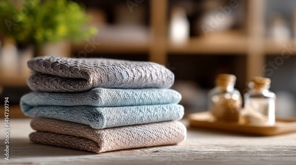 Fototapeta Stack of Soft Neutral Colored Towels on Wooden Table Still Life
