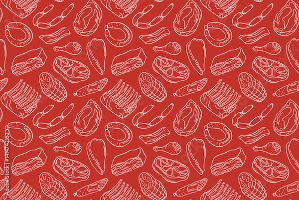 Fototapeta Seamless pattern with line art style meat cut, sausage, ribs, ham, bacon and drumsticks on red background. Ideal for butcher shop, food packaging or culinary theme design.