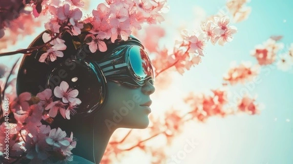 Fototapeta Abstract soft floral background close up face girl with flower, autumn retro futuristic photography concept