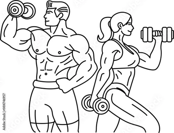 Obraz Line art ,Icon logo, couple Exercise & Wellness, graphic design ,stroke, drawing, 