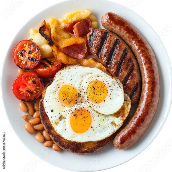 Fototapeta Delicious Traditional Breakfast with Eggs, Sausage, and Tomatoes