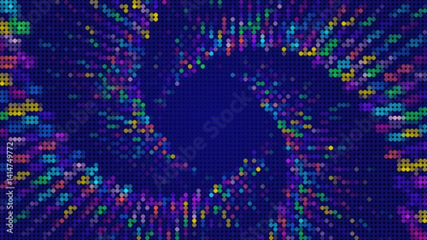 Fototapeta Colorful dots arranged in radiating lines and clusters around a dark blue central area. Abstract background.