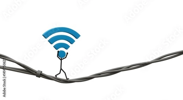 Fototapeta A stick figure balancing on wires while holding a blue wifi symbol against a white background