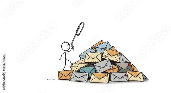 Fototapeta Stick figure climbing a mountain of envelopes while holding a large paperclip above his head