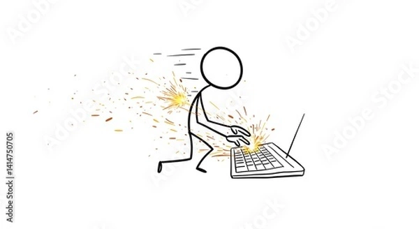 Fototapeta Stick figure frantically typing on a laptop with sparks flying indicating speed and intensity of work