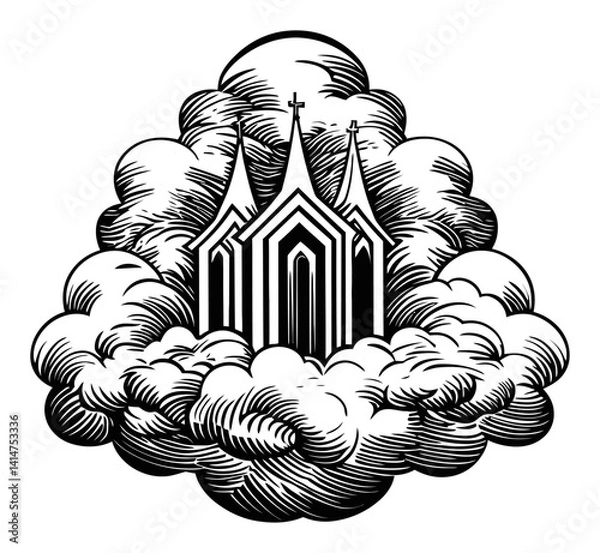 Fototapeta Intricate Engraving of a Church Surrounded by Dramatic Clouds