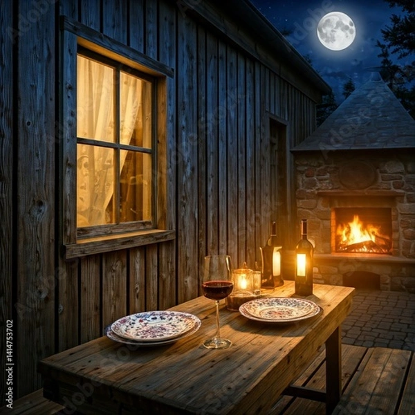 Obraz Romantic Outdoor Dinner Setting Under Moonlit Sky with Cozy Fireplace