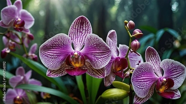 Obraz Purple Orchid Blossoms Displaying Delicate Veins in Lush Garden Setting