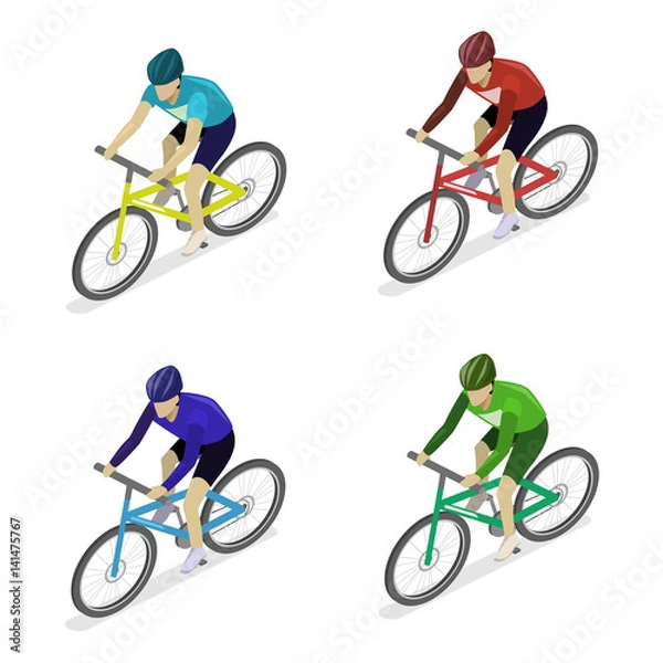 Fototapeta Isometric flat group of cyclists man in road bicycle racing.