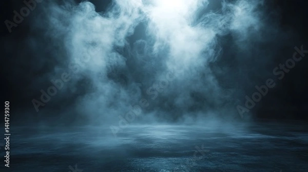 Fototapeta Eerie Blue Mist Over Dark Surface, Mysterious foggy scene with blue mist over a dark surface, creating an eerie atmosphere