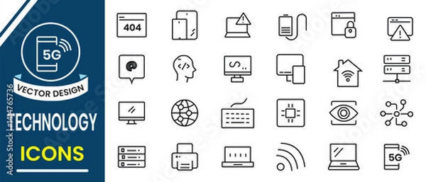 Fototapeta Technology line icon set design. Information technology icon, vector signs for web, logo and mobile app. Communication, web design, computer, chip, software, data center, device. Vector illustration.