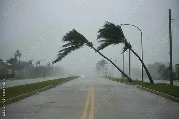 Fototapeta A powerful hurricane making landfall, with torrential rain and strong winds bending palm trees and damaging buildings
