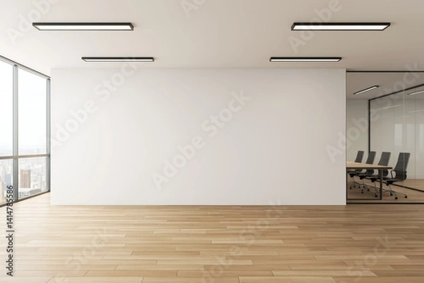 Obraz Modern office interior with large blank white wall and wooden floor, ideal for business presentation mockup or logo display concept template.