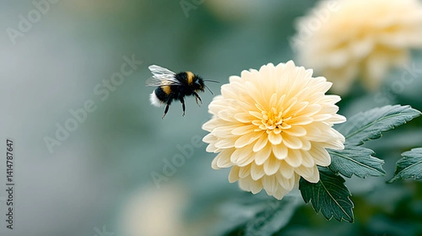 Fototapeta A bee sits on a flower, basking in the sunlight, with vibrant black and yellow colors, capturing the essence of nature’s pollination process.
