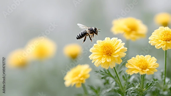 Fototapeta A bee sits on a flower, basking in the sunlight, with vibrant black and yellow colors, capturing the essence of nature’s pollination process.

