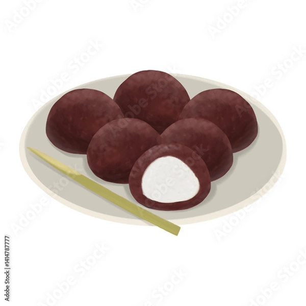 Fototapeta 皿に盛った土用餅のイラスト、無病息災を願って土用の丑の日に食べるあんころ餅