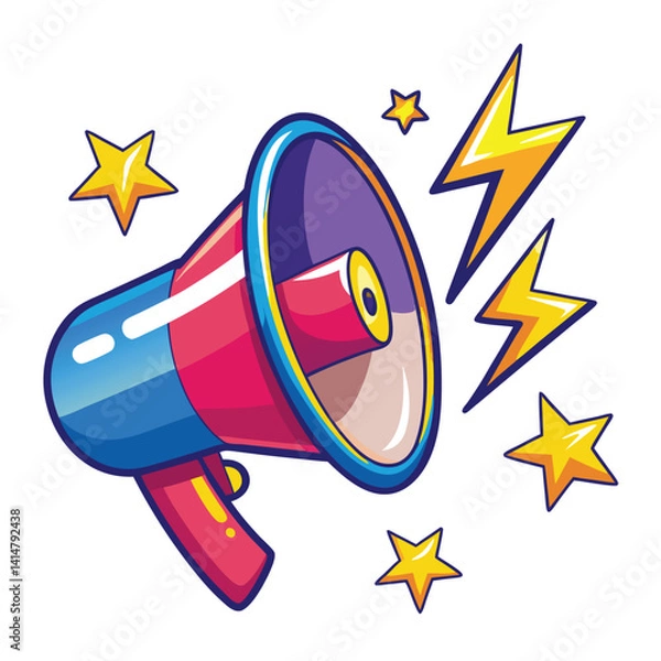 Fototapeta Colorful cartoon megaphone with stars and lightning