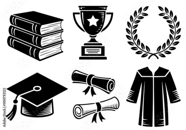 Fototapeta Graduation, education and achievement symbols, set of black vector silhouettes, including books, trophy, laurel wreath, graduation cap, diploma, gown