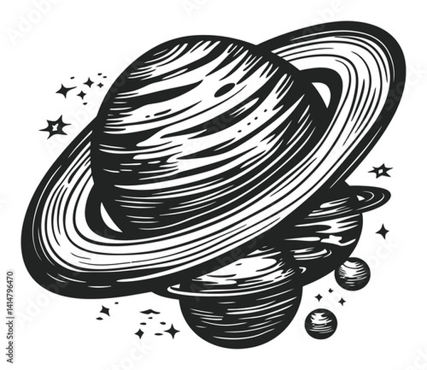 Fototapeta Vintage Woodcut Engraving of Saturn with Rings and Surrounding Planets