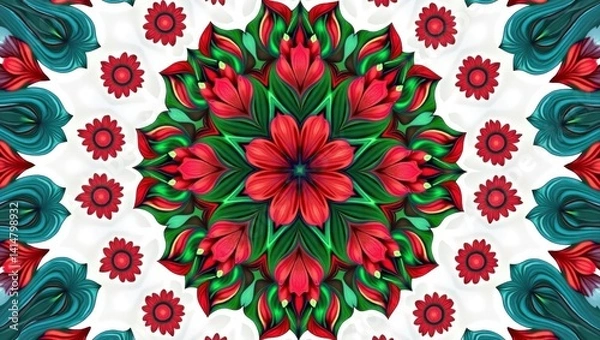 Obraz Floral Mandala Art with Intricate Details in Red, Green, and Teal