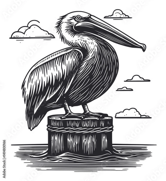 Fototapeta Intricate Woodcut Engraving of a Pelican on a Post with Clouds