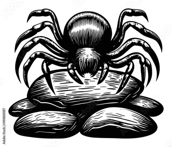 Fototapeta Black and White Engraving of Spider on Rocks in Woodcut Style