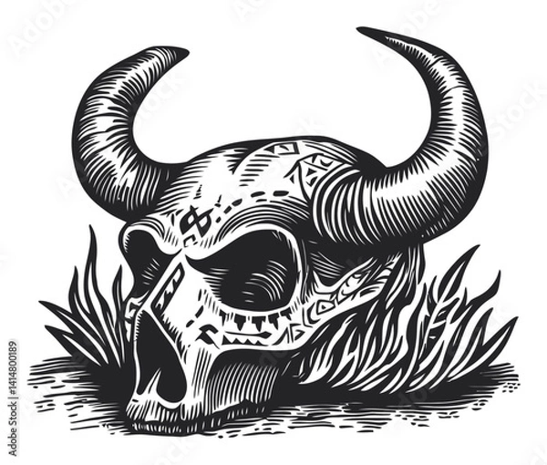 Fototapeta Intricate Engraving of a Skull with Horns Surrounded by Grass
