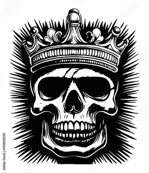 Fototapeta Intricate Skull Engraving with Crown and Radiant Sunburst Design