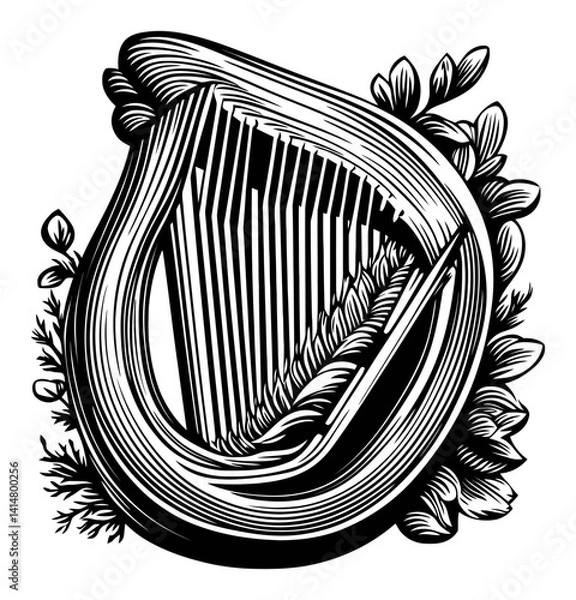 Fototapeta Elegant Woodcut Design of a Harp Surrounded by Floral Elements