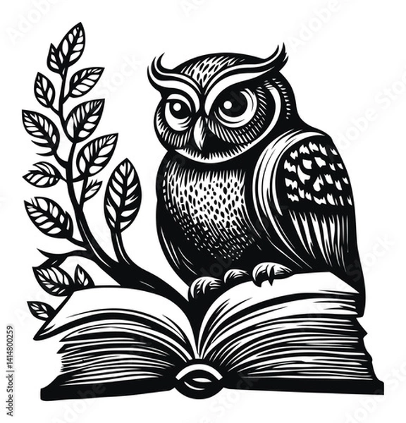 Fototapeta Engraving of an Owl Sitting on an Open Book with Leaves Design