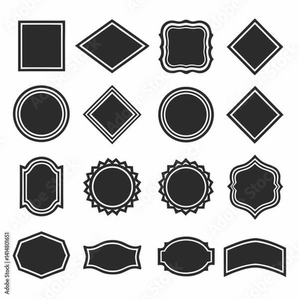 Fototapeta A collection of 24 black silhouette badge and label icons in various shapes