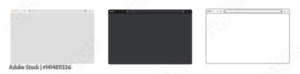 Fototapeta Browser window website mockup template with fill and outline stroke, including frames for PC, laptop, tablet, and mobile inLight and Dark modes for UI and web design presentations.