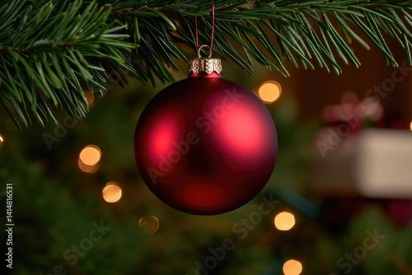 Fototapeta Shiny red ornament hanging on evergreen branch, soft bokeh light