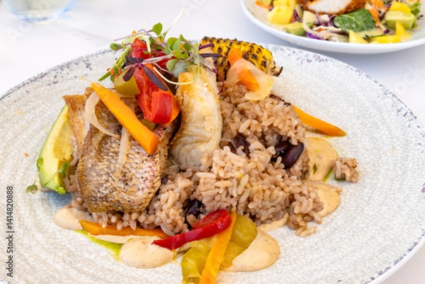 Obraz Grilled Red Snapper Served with Rice and Beans, Grilled Corn, Pickled Vegetables, Hummus, Avocado and Topped with Green Sprouts