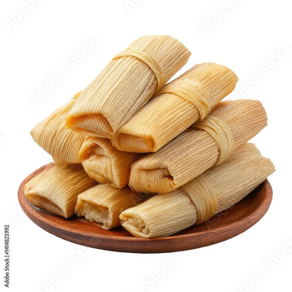 Fototapeta A stack of tamales wrapped in corn husks on a wooden plate, close up view