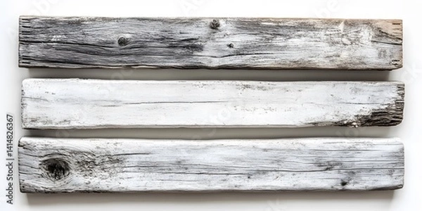 Fototapeta Weathered white wooden planks arranged horizontally showcase detailed grain against pure white background, subtle shadows enhance rustic texture.  