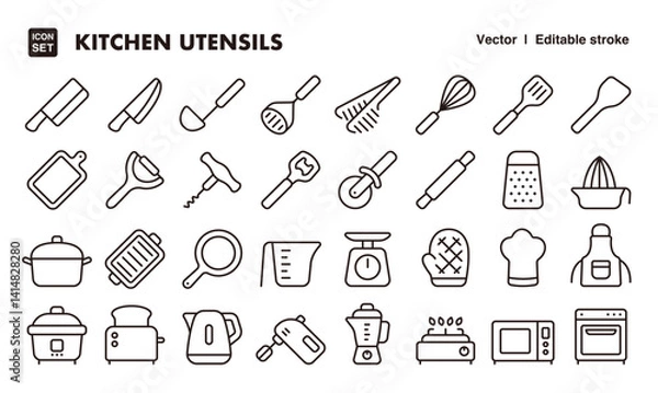 Fototapeta Kitchen utensils line icon set. Vector editable stroke icon.