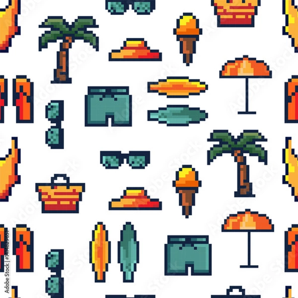 Fototapeta Seamless Summer Pattern with Pixel Art Beach Icons. Pixel art pattern with summer vacation elements palm trees, swimsuits, ice cream, beach umbrellas, digital design, textiles, packaging. Vector