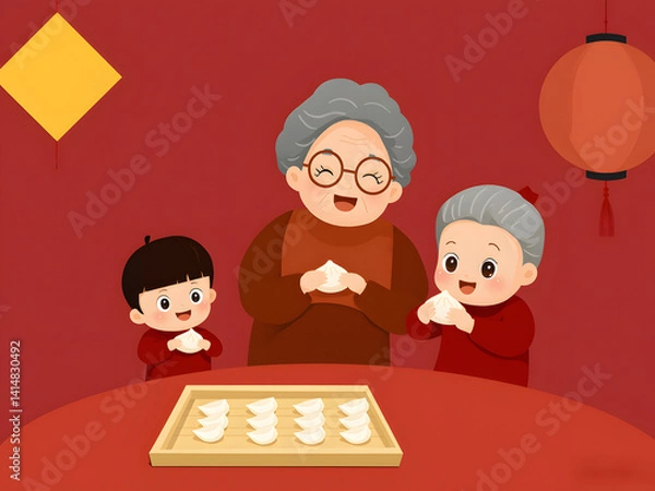 Obraz Grandmother Teaching Young Boy to Make Dumplings Together with Care.Heartwarming scene depicting a loving grandmother and her grandson bonding and learning while making dumplings together, showcasing.