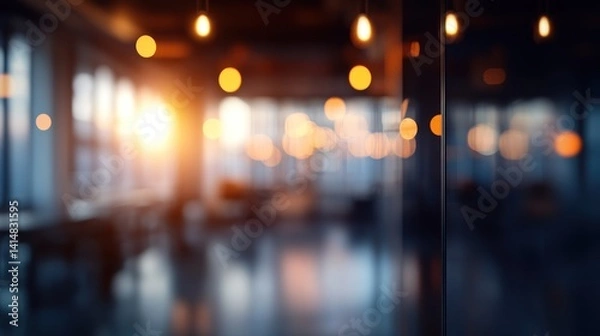 Fototapeta Blurred image of a modern office space with warm lighting and large windows, showcasing a sunlit interior.