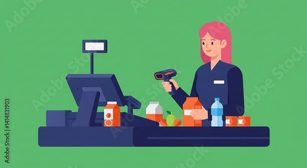 Obraz Modern Illustration of a Smiling Cashier Scanning Groceries at Checkout