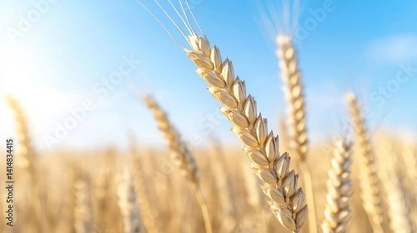 Fototapeta Golden wheat stalks under sunny sky agriculture and food production