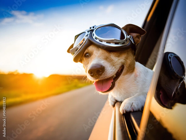 Obraz Playful Dog Enjoys a Road Trip With Goggles on a Sunny Day. A cheerful dog leans out of a car window wearing goggles, relishing the rural landscape and fresh air, symbolizing freedom.