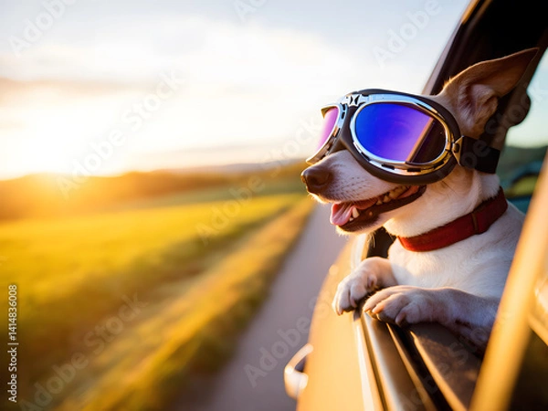 Obraz Playful Dog Enjoys a Road Trip With Goggles on a Sunny Day. A cheerful dog leans out of a car window wearing goggles, relishing the rural landscape and fresh air, symbolizing freedom.