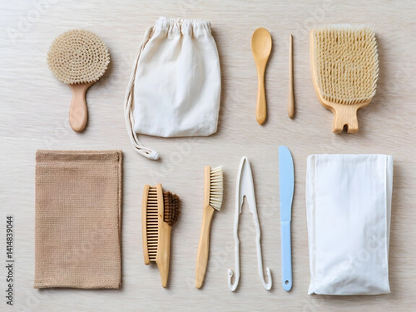 Obraz Flat Lay of Eco-Friendly Grooming and Household Accessories on Wooden Surface. Assorted sustainable grooming and household tools made from natural materials, neatly arranged on a wooden surface.