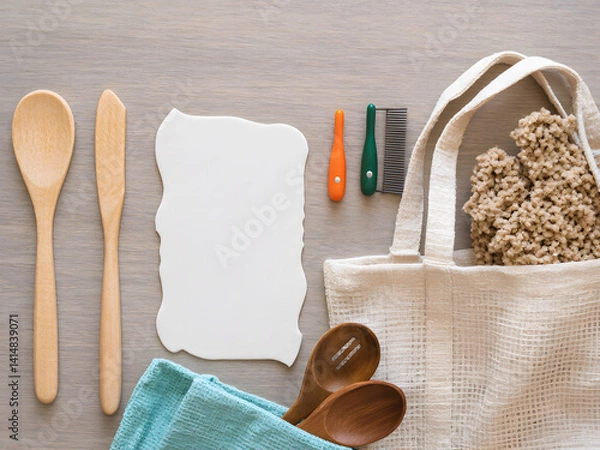 Obraz Flat Lay of Eco-Friendly Grooming and Household Accessories on Wooden Surface. Assorted sustainable grooming and household tools made from natural materials, neatly arranged on a wooden surface.