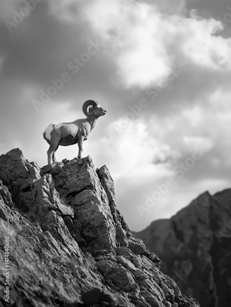 Fototapeta Black and white photograph of a ram standing on top of a rocky cliff. the ram is facing towards the right side of the image and appears to be looking off into the distance.