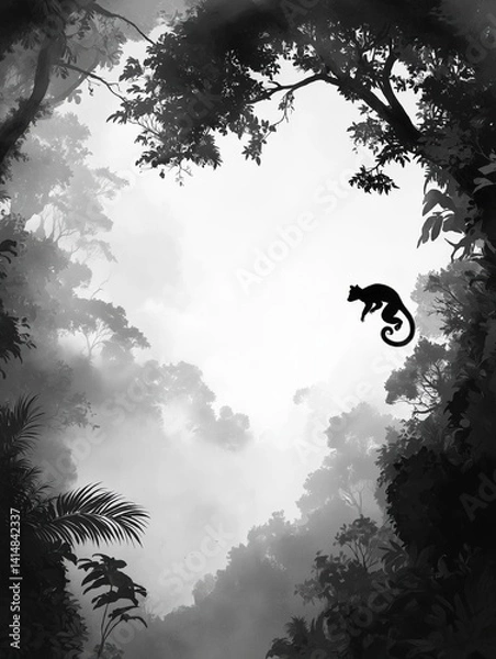 Obraz Black and white illustration of a jungle scene. the background is filled with dense trees and plants, and the sky is shrouded in a thick fog.
