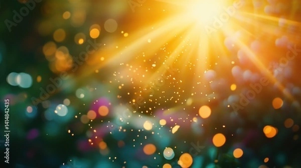 Fototapeta Bright sun rays burst through colorful bokeh lights and particles.