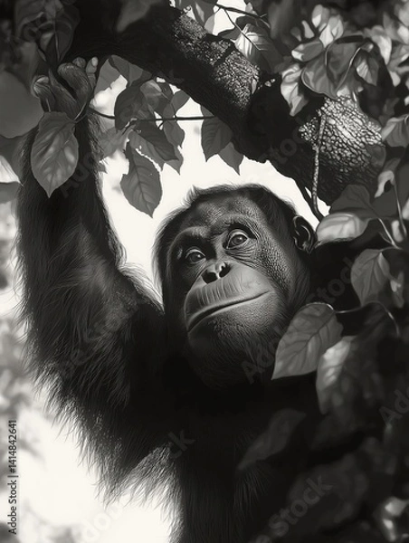Fototapeta Black and white photograph of an orangutan hanging from a tree branch. the monkey is holding onto the branch with both hands and appears to be looking up at the camera with a curious expression.